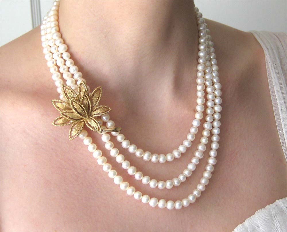 Reserved for C, Gold Flower Pearl Necklace, 3 Strand Wedding Necklace, Handmade, Lotus Bride