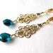 Teal Gold Filigree Dangle Clip On Earrings, Long Clipons, Teal Quartz Briolette, Tamara