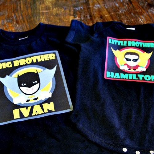 Personalized set of two big or little brother BATMAN AND ROBIN tshirts or onesies matching set you chose design, size, and color