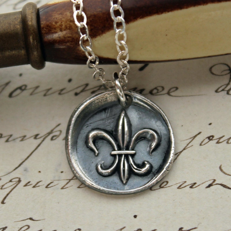 fleur de lis wax seal necklace - Vintage Parisian Wax Seal Necklace symbolizing Purity & Nobility
