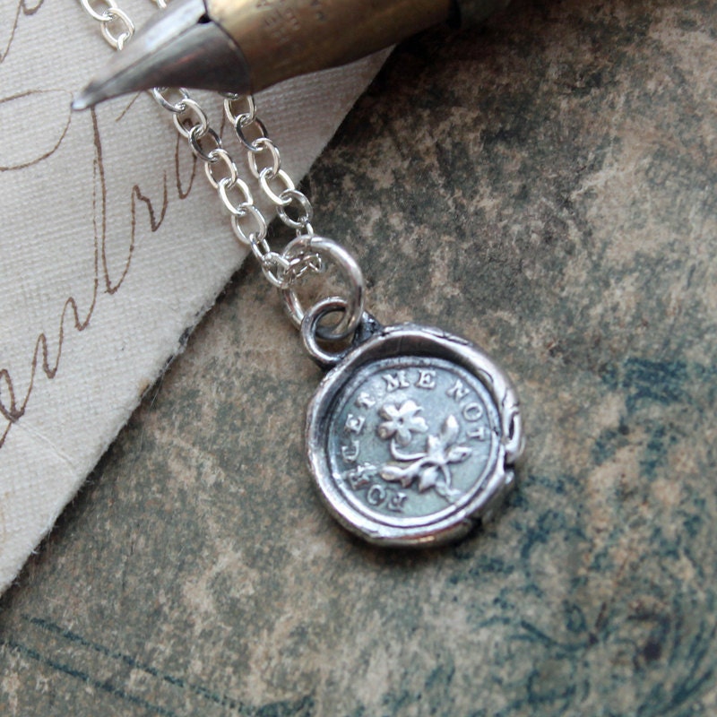 Wax Seal "Forget Me Not" charm necklace- flower Wax Seal Charm in eco friendly fine silver