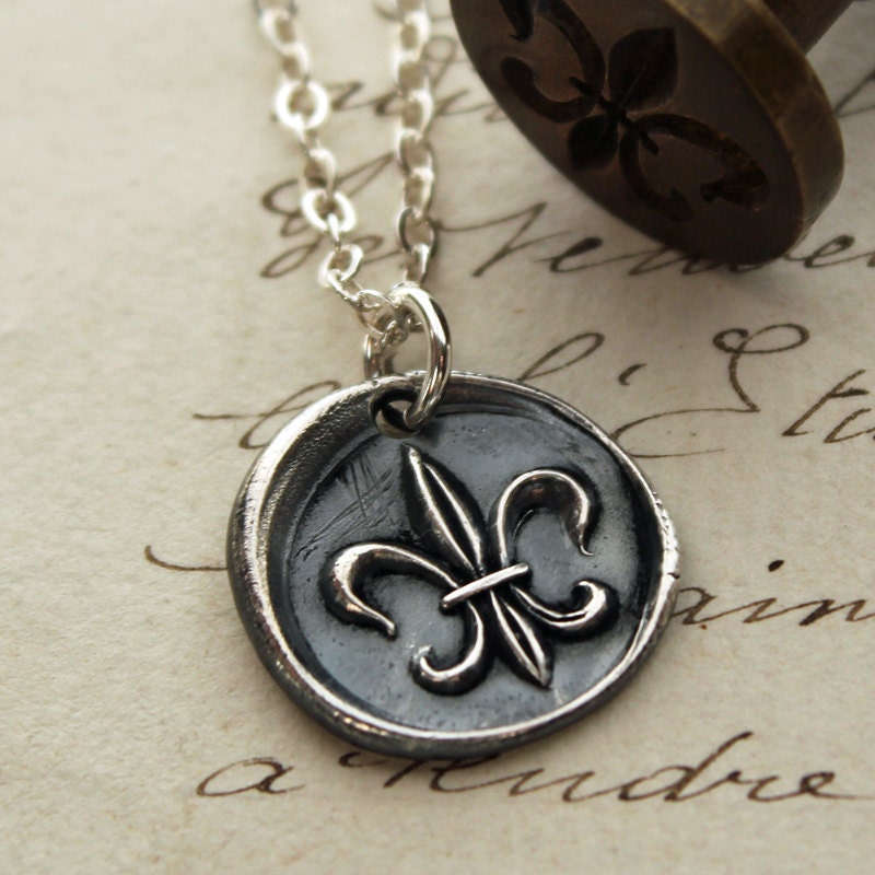 fleur de lis wax seal necklace - Vintage Parisian Wax Seal Necklace symbolizing Purity & Nobility