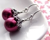 Magenta Pearl Earrings - Antiqued Silver, Hot Pink, Fuchsia Pink, Raspberry Pink, Vintage Style Pearl Earrings, Wedding Bridesmaid Jewelry