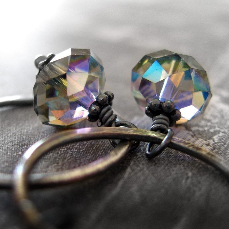 Black Diamond Crystal Earrings, Charcoal Oxidized Sterling Silver Circle Hoop Earrings, Grey Gray Crystal, Geometric Modern Jewelry - UNION