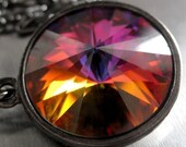 Kaleidoscope Rivoli Crystal Necklace, Swarovski Crystal Pendant, Rainbow Colors, Multicolor Crystal, Long Black Gunmetal Chain Necklace
