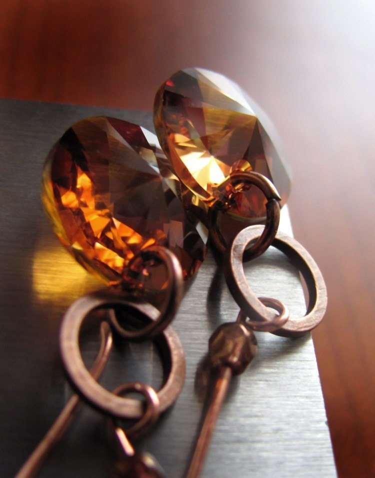 Orange Crystal Earrings with Handmade Antiqued Copper Long Earring Hooks - Rust Copper Orange Rivoli Crystal Earrings - Modern Harvest