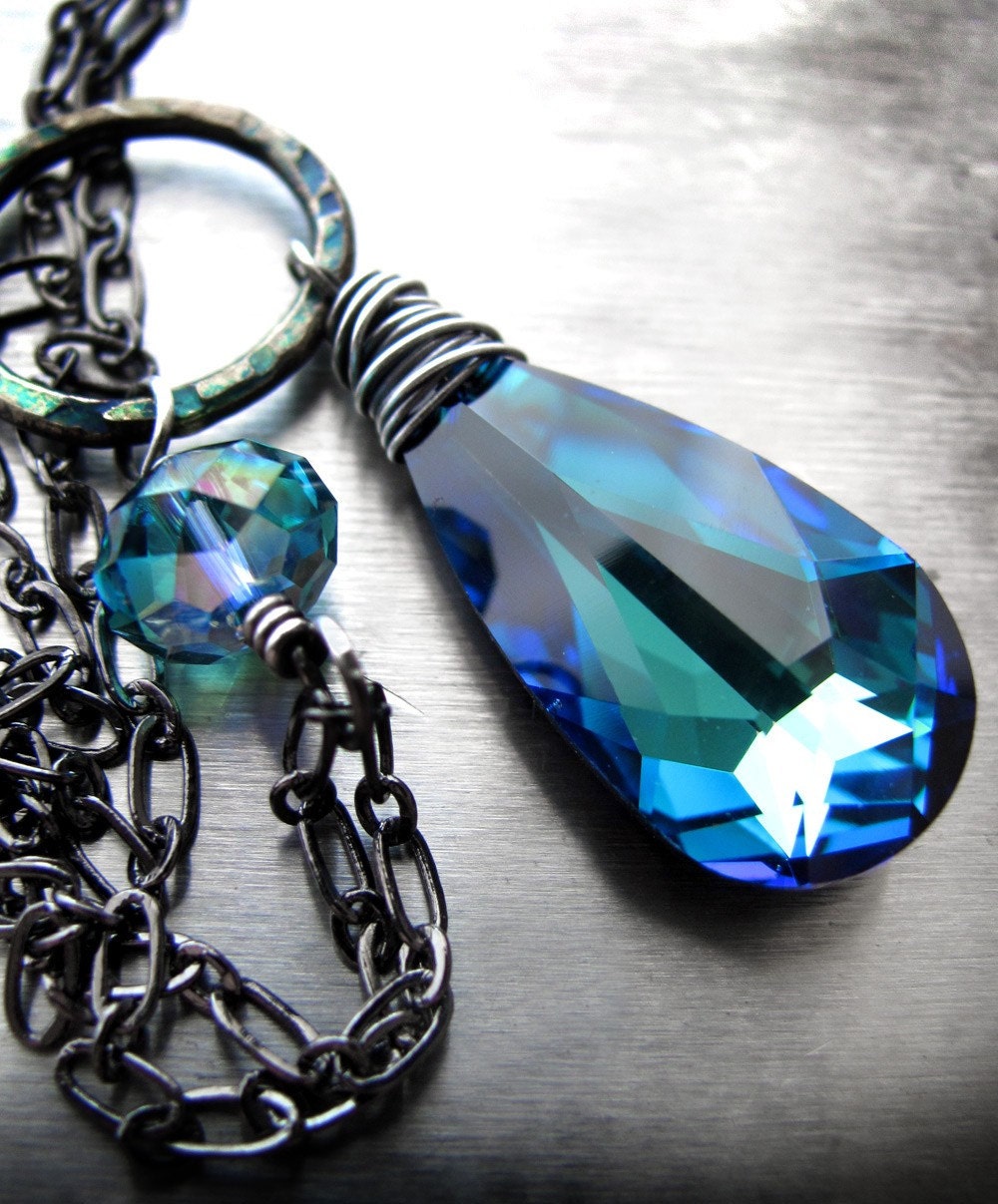 Bermuda Blue Crystal Teardrop Necklace - Aqua, Teal, Blue Crystal, Wire-Wrapped Oxidized Sterling Silver, Long Black Chain - Riptide
