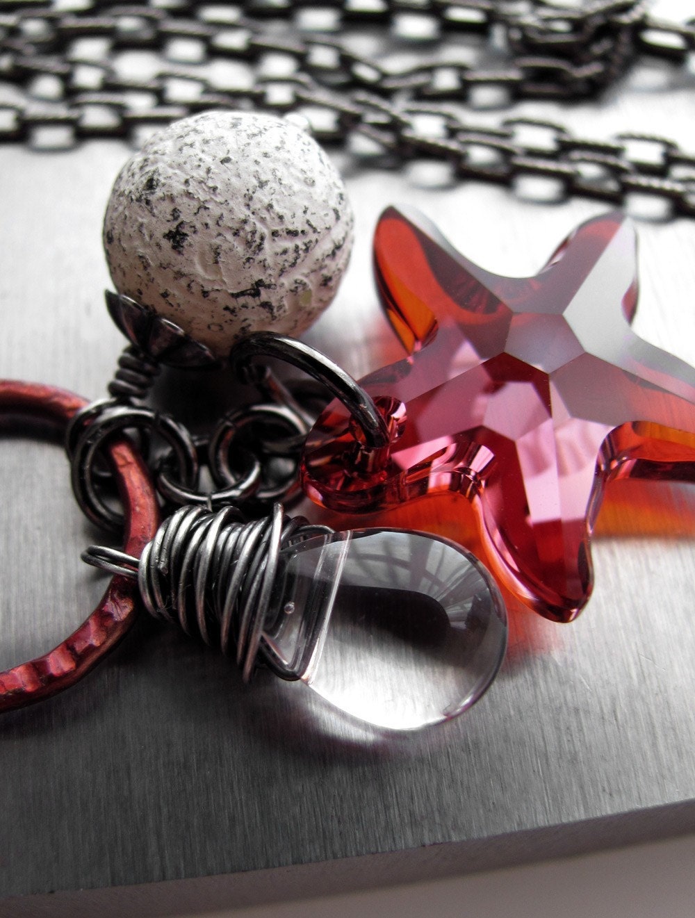 Long Red Starfish Pendant Necklace - Nautical Red Crystal Starfish Necklace, Ocean Charms, Gift for Beach Lover - Summer Vacation Memories