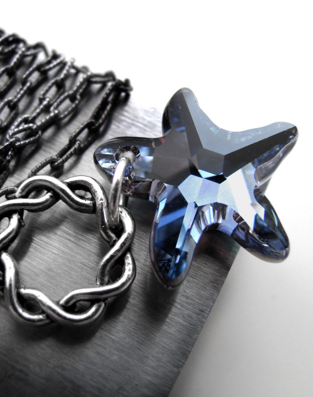 Blue Starfish Pendant Long Necklace - Sea Ocean Sky Blue Swarovski Star Crystal Pendant, Long Antiqued Silver Chain, Nautical Beach Jewelry
