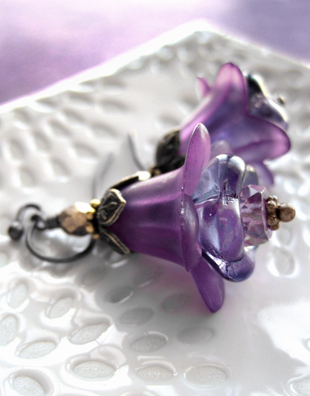 Purple Flower Blossom Earrings, Lilac Lavender Glass, Matte Purple Flowers, Antiqued Gold and Copper, Romantic Vintage Style Jewelry