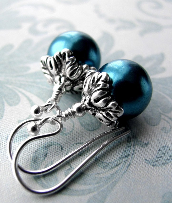 Aqua Pearl Earrings with Antiqued Silver - Teal Peacock Faux Pearl Earrings, Glass Pearls, Bridesmaid Earrings, Wedding Jewelry