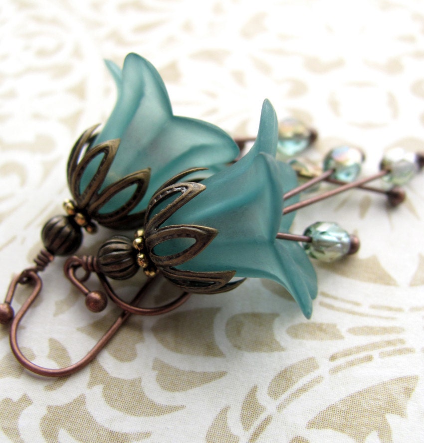 Teal Flower Earrings, Aqua Seafoam Green Glass, Antiqued Brass - Garden Wedding, Bridesmaids, Gift for Gardener, Vintage Style Jewelry