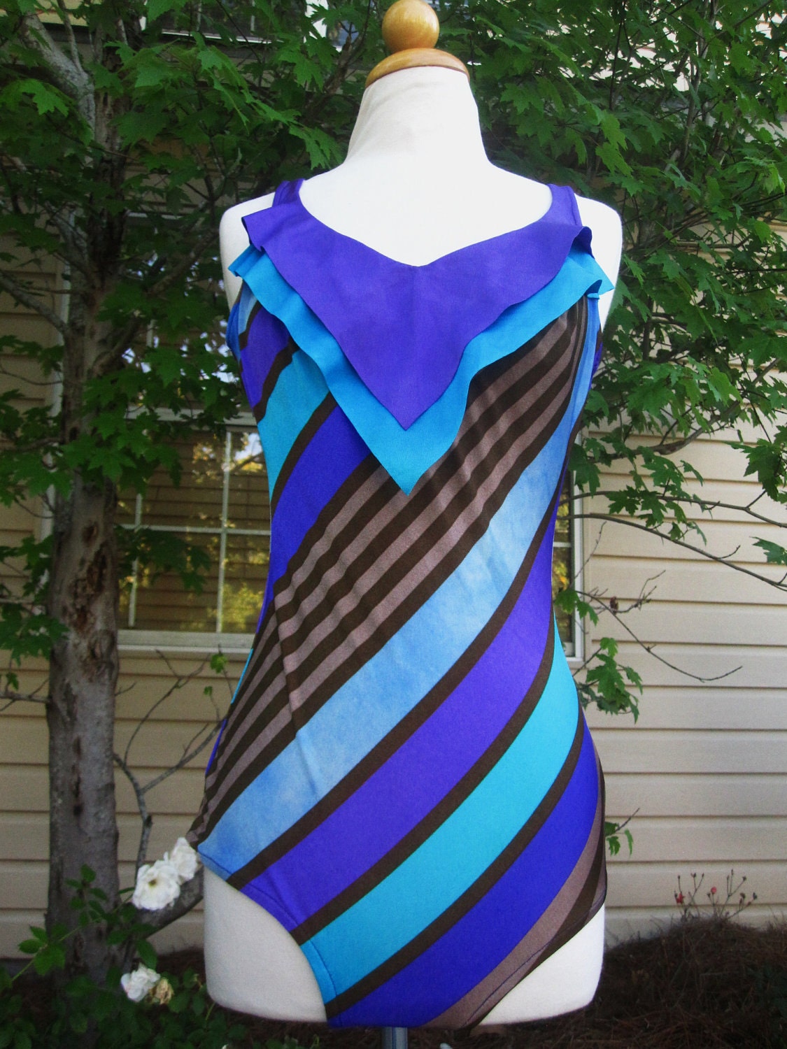 Vintage 1980's Blue, Royal Purple Large One Piece Lowcut Back Swimsuit Bathing Suit