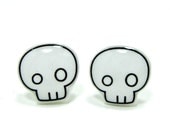 Skull Earrings - White Sterling Silver Posts Studs Emo Punk Kawaii Cute