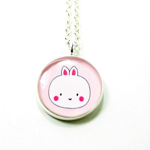 Bunny Necklace - Pink White Kawaii Cute Silver Plated 17 inch