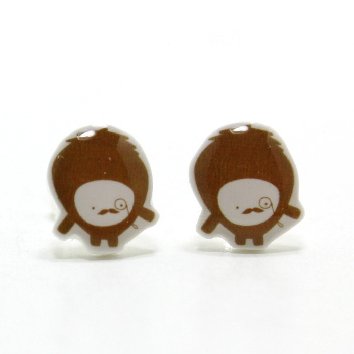 Brown Moustache Monster Earrings - Sterling Silver Posts Studs Kawaii Cute