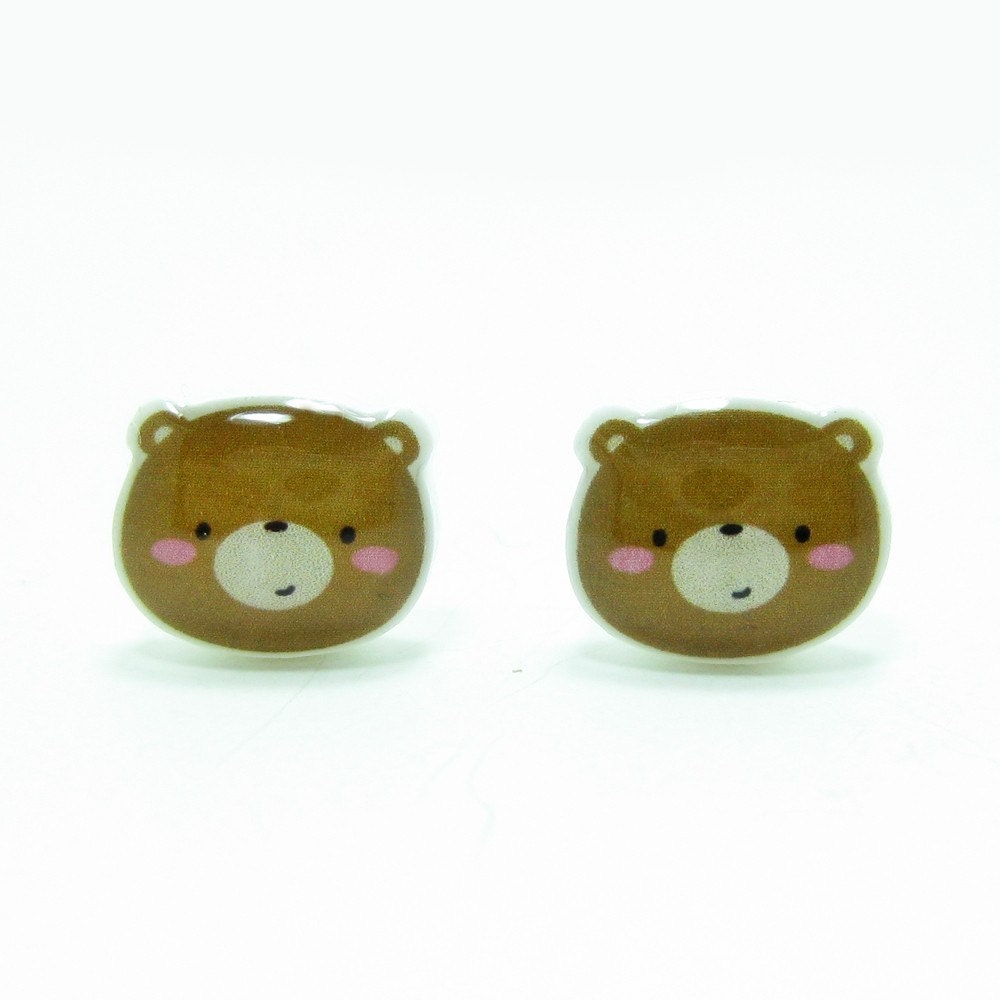 Bear Earrings - Golden Brown Sterling Silver Posts Studs Kawaii Cute