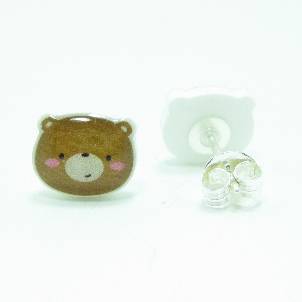 Bear Earrings - Golden Brown Sterling Silver Posts Studs Kawaii Cute