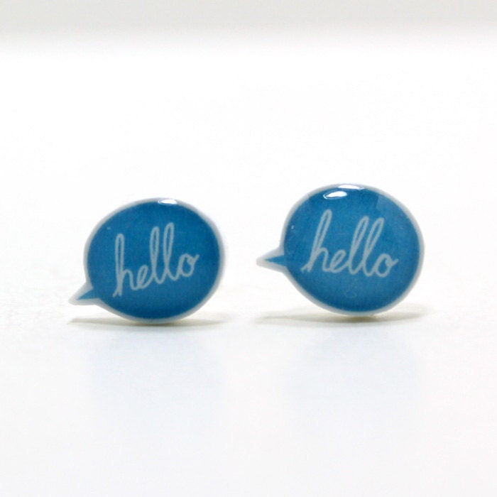 Blue Hello Speech Bubble Earrings - Sterling Silver Posts Studs Kawaii Cute