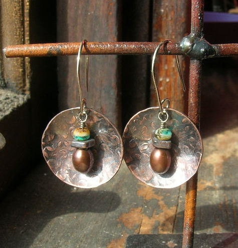 Textured Copper and Sterling Silver Dome earrings with freshwater pearls