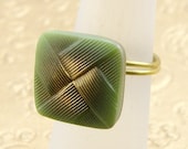 Wire Wrapped Czech Glass Button Ring Green and Gold Square