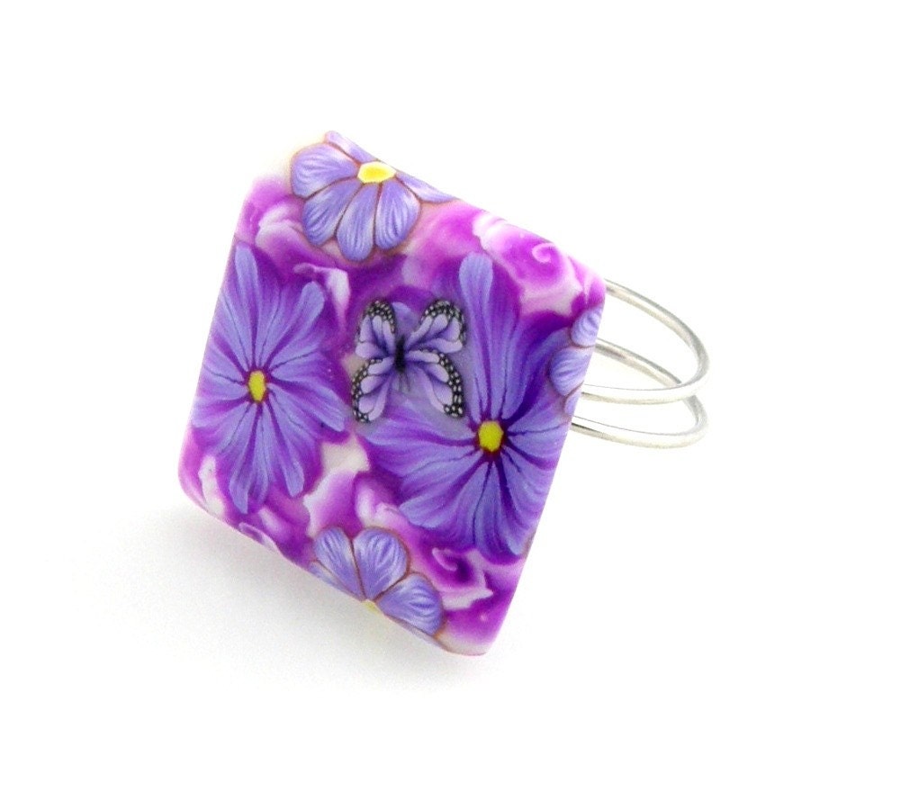 RESERVED Purple Flower Square Clay Ring