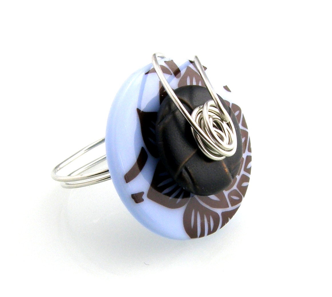 Wire Wrapped Button Ring Blue and Brown Cyber Monday Black Friday