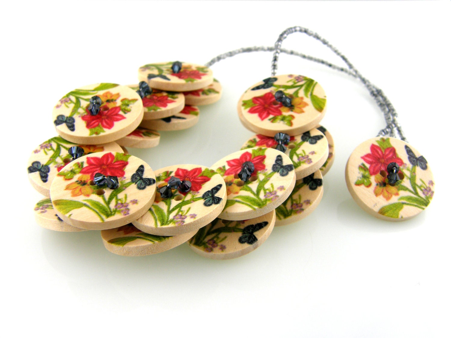RESERVED  Floral Wood Button Necklace Red and Navy Blue