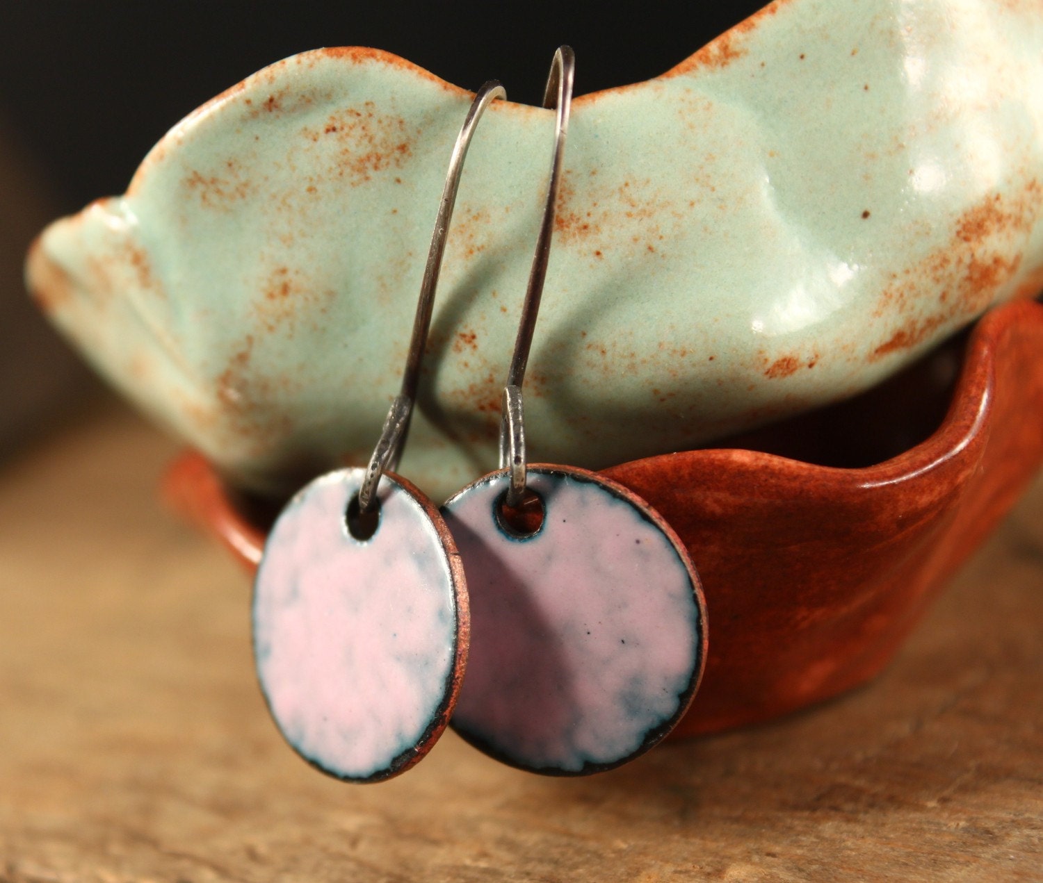 Pink Cloud enameled copper earrings