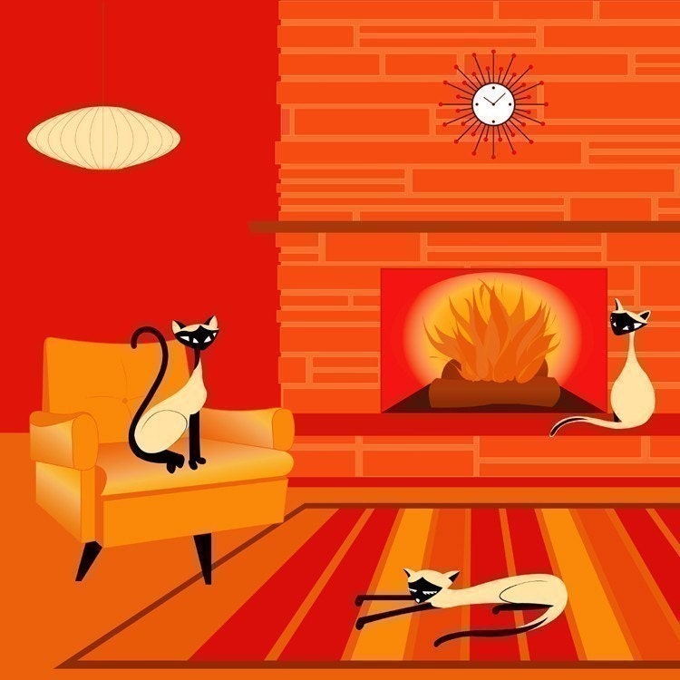 Fire Cats - Siamese Cats Modern Art Print by Kerry Beary - Giclee