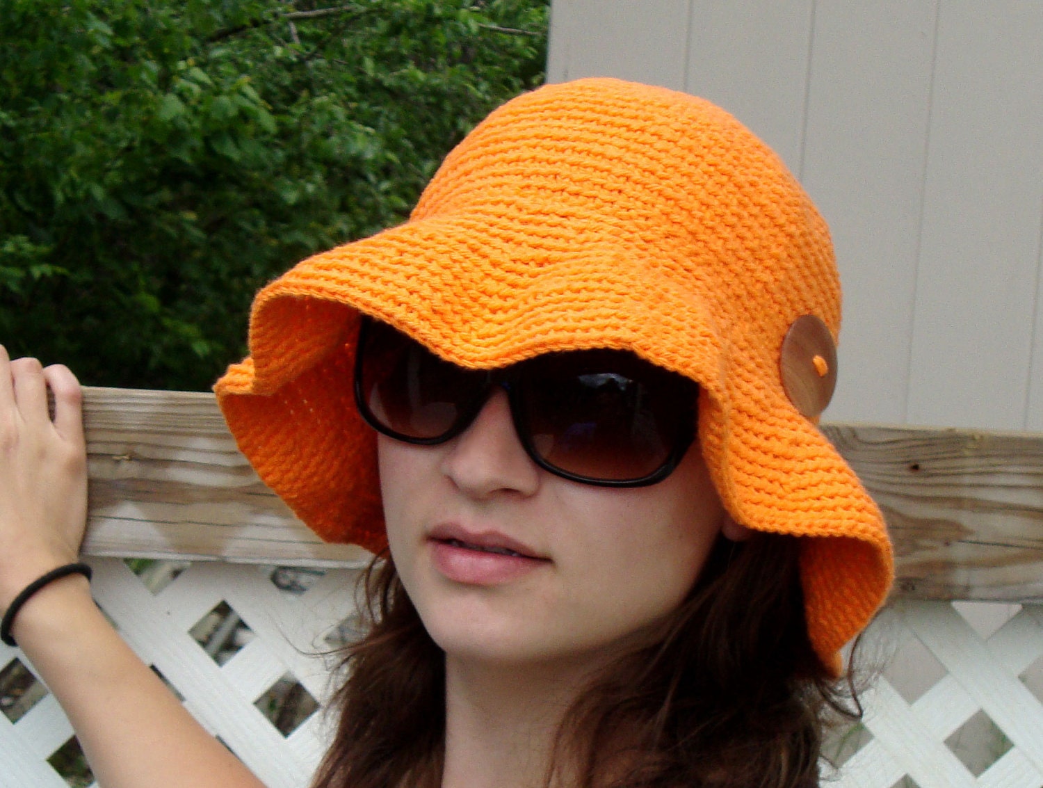 Hand-Crocheted Beach/Summer/Garden Hat - Color Hot Orange
