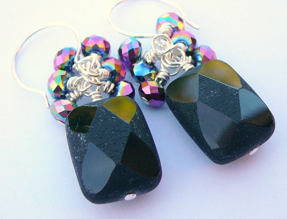 Sterling Silver Wire Wrapped Earrings With Rough And Smooth Black Agate Accompanied By Peacock Glass Crystals