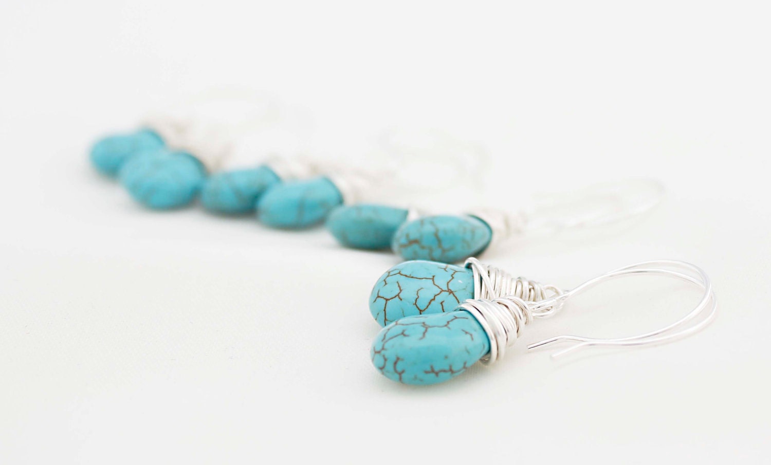 RESERVED Turquoise Briolettes Wire Wrapped On Sterling Silver Ear Hooks, Set Of 5 Pairs RESERVED