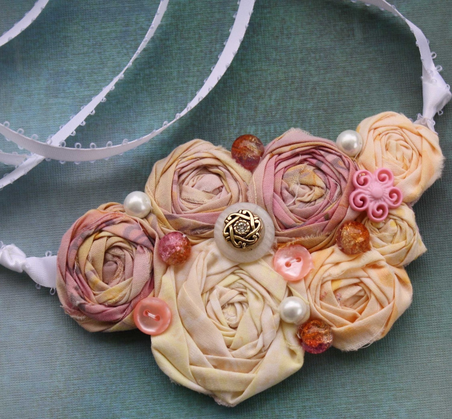 Pretty Fabric Bib Necklace JUST PEACHY Statement or Wedding Piece Small