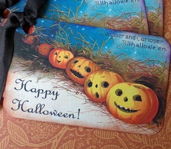 Pumpkin Tags - Vintage Halloween Pumpkin Row Gift Tags - Set of 3
