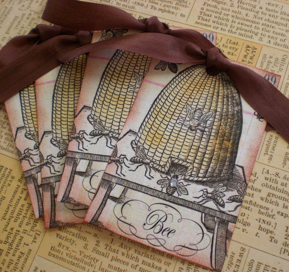 Bee Tags - Vintage Bee Tags - Antique Bee Skep Tags - Primitive, Beehive tags - Set of 6