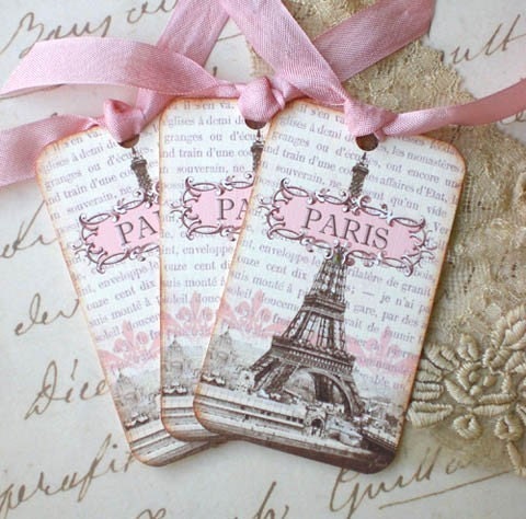 Paris Tags - Vintage French Tags - Eiffel Tower Tags - Paris 1889 Exposition, Pink, Sepia - Set of 4