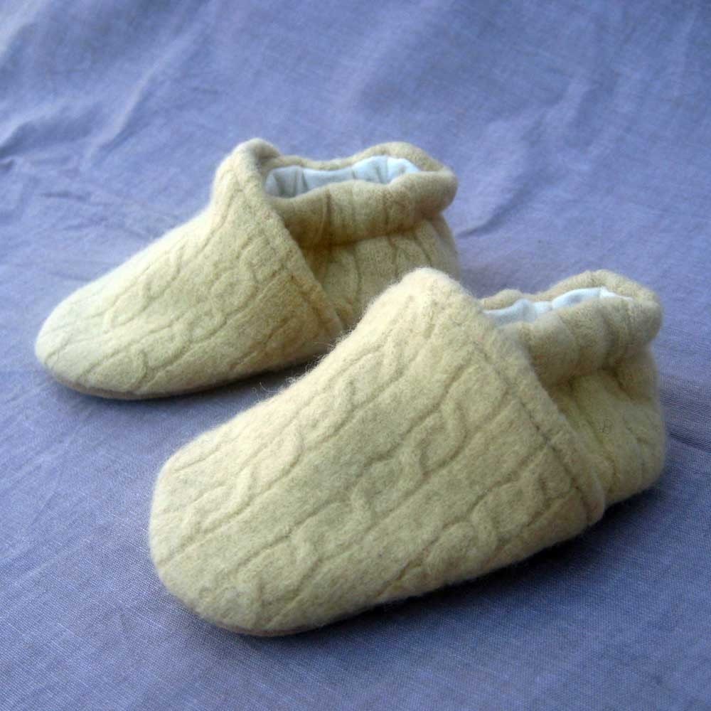 Butter Cable Knit Wool Baby Slippers Ultrasuede Bottom made from recycled materials Size 0-6 mos Ready to Ship