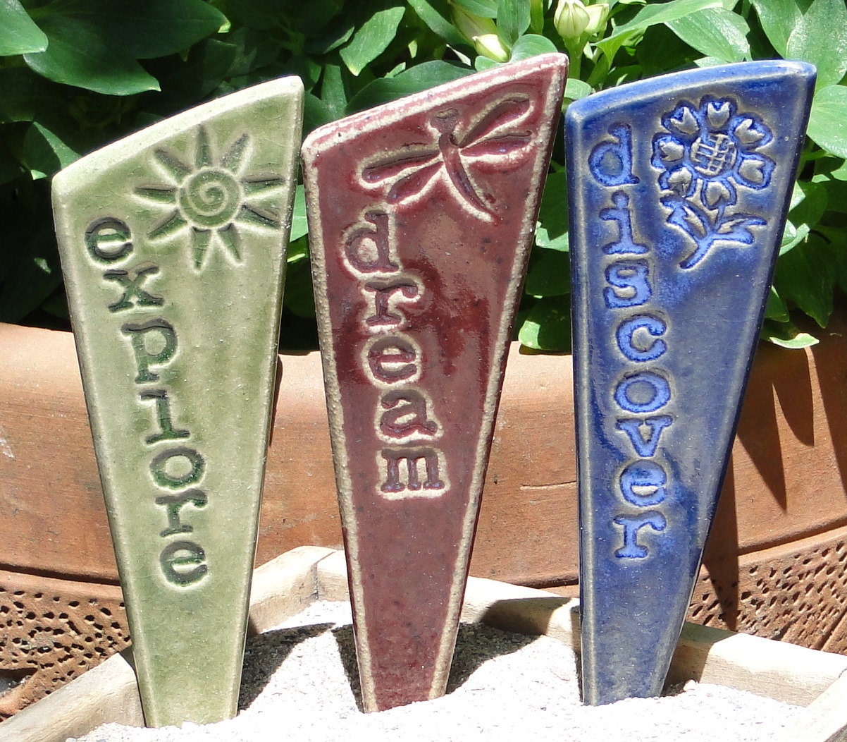 Explore, Dream, Discover - words to live by - Garden Stake Trio