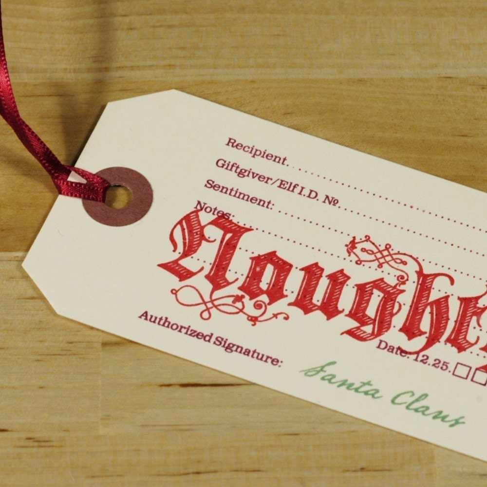 Hand-printed Christmas Gift Tag -- Naughty