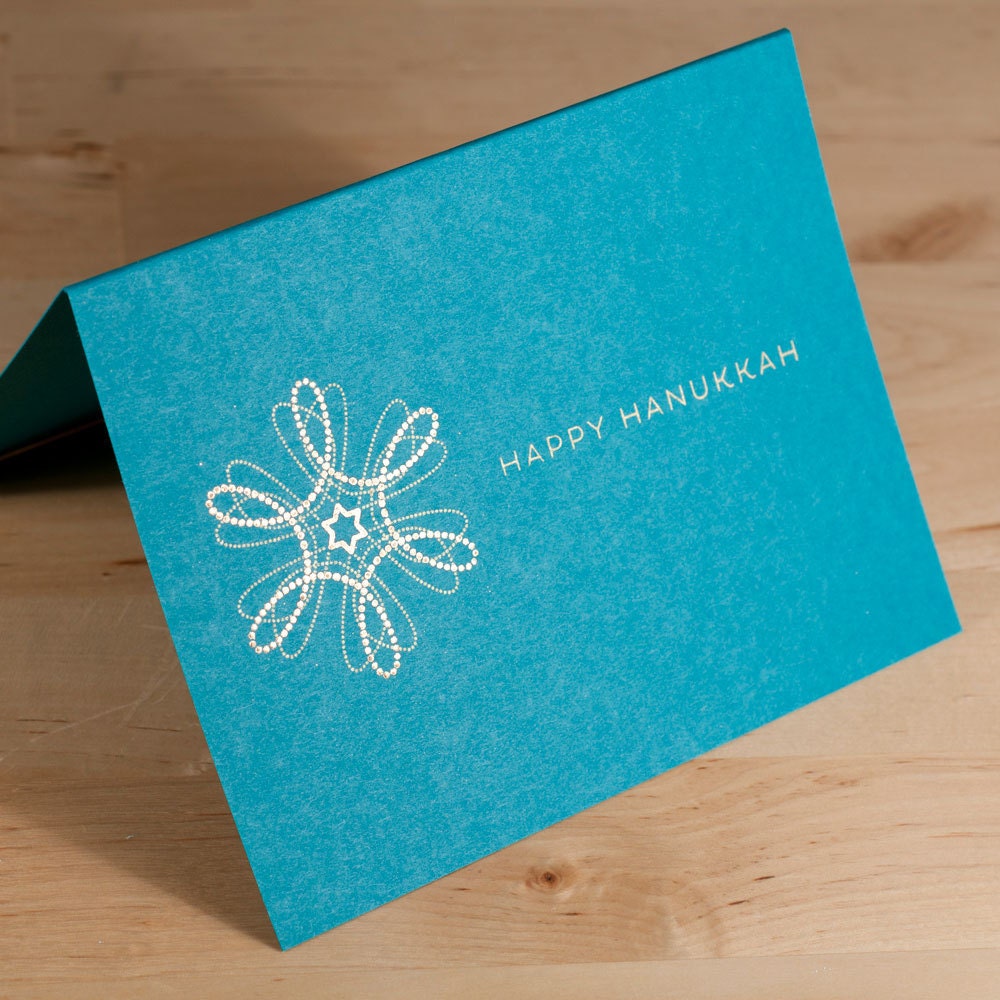 Hanukkah Card -- hand-printed gold on teal card