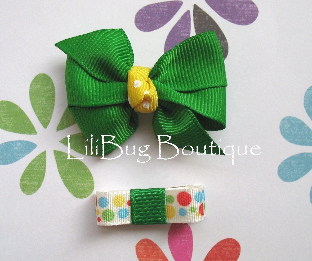 LiliBug Preppy Green / Yellow Newborn Snap Clip Hair Bow Duo 