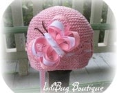 LiliBug 3-in-1 Infant Custom Butterfly Crochet Beanie Hat Set - Pink / White