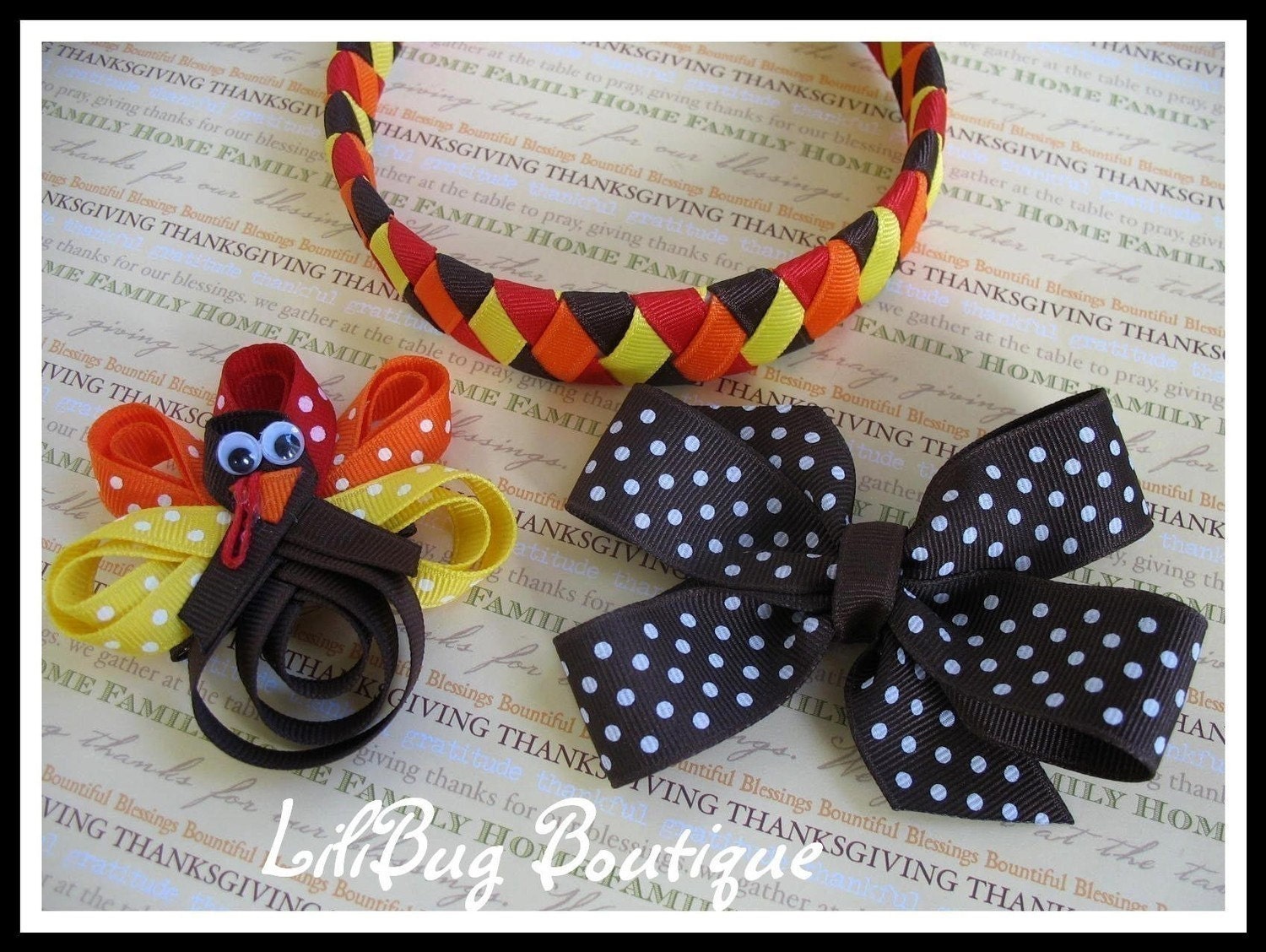 LiliBug Fall Turkey 3-in-1 Woven Headband and HairBow Set