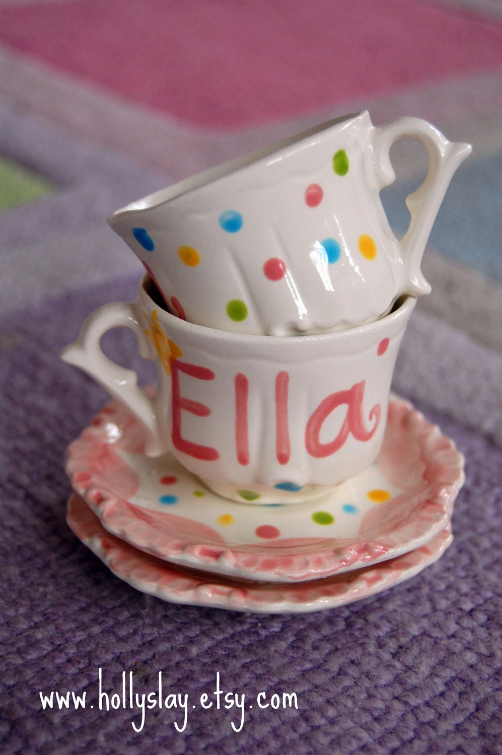 Polka Dots Personalized Child's Sized Handpainted Tea Cup and Saucer, Tea Party Favor