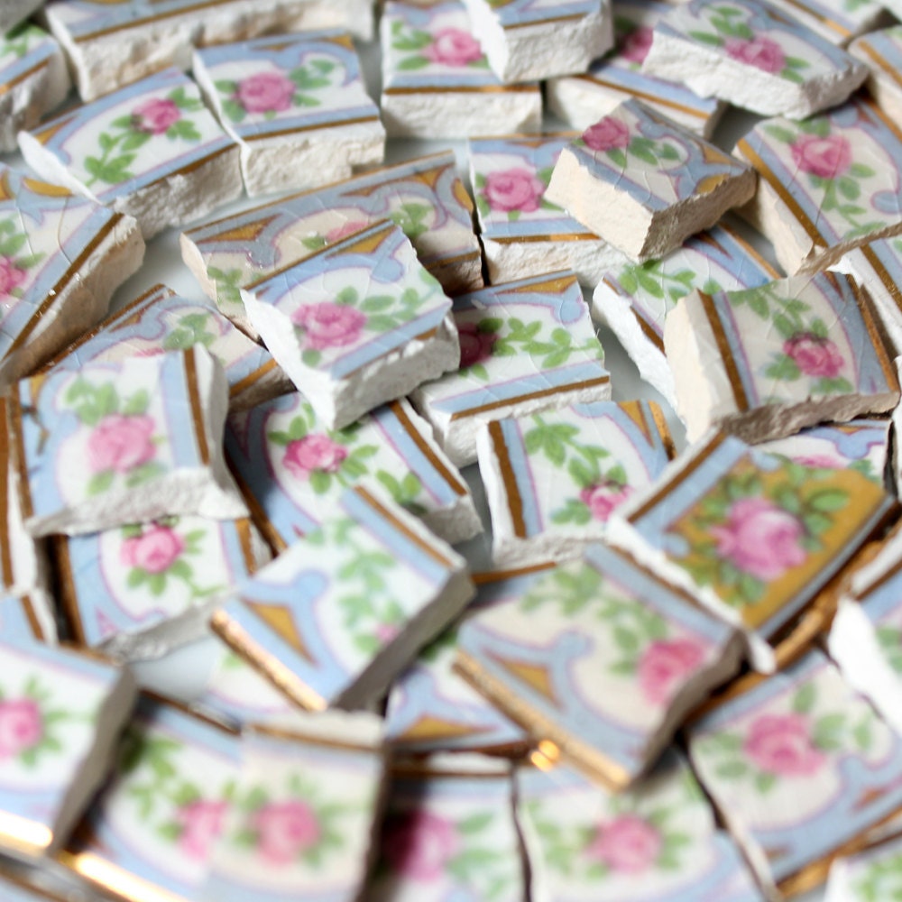 Broken China Mosaic Tiles Vintage Pink Roses by chipofchina