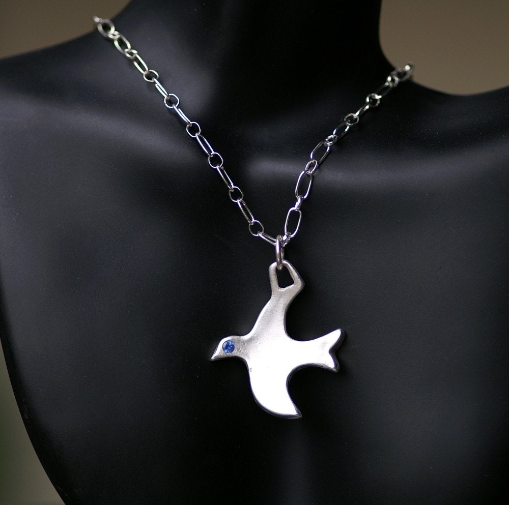 Silver Peace Dove with Sapphire Eye - No Chain - Made to Order