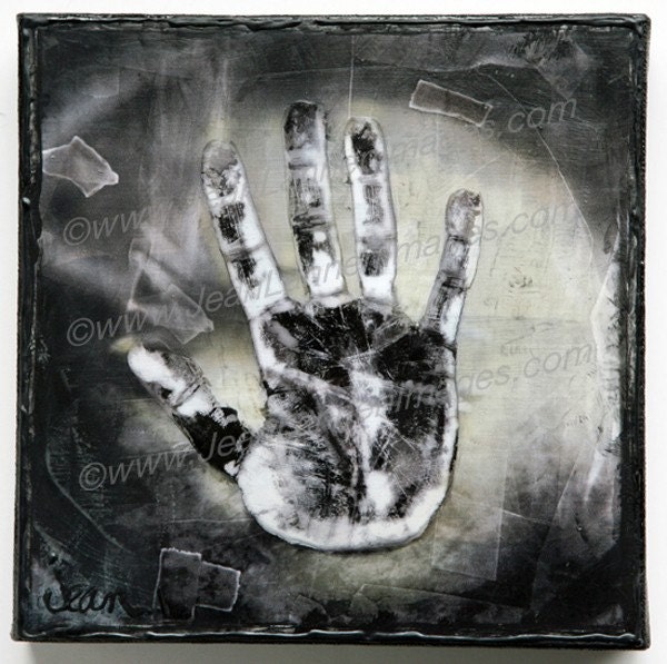 My Helping Hand, one of a kind, Orig Altered Photo on Canvas,8x8 Dark Shadows,Grey, Creepy Spooky X-Ray, Nightmare Textured By Jean Lannen