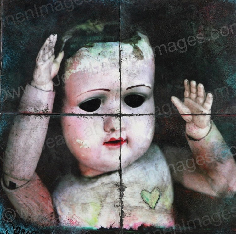 Her Open Mind, With Valentines Day Heart, Photograph of Vintage French Creepy Doll Hollow Head Gothic -Photography By Jean Lannen
