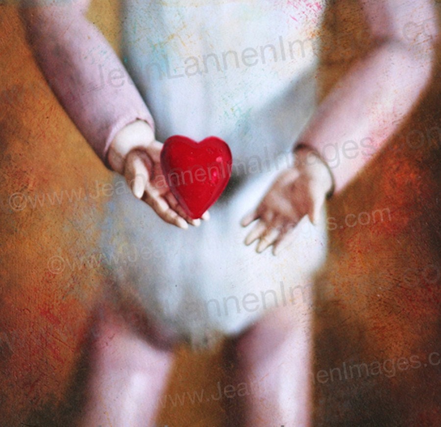 LOVE Red Heart, Orig Altered Photo on Canvas, Creepy Goth Antique French Doll Holding Valentines Day Heart, Hand Painted  by Jean Lannen